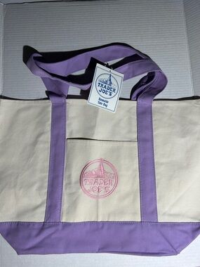 Trader Joes Large Lavender-Trim Canvas Tote Bag NWT Limited Edition